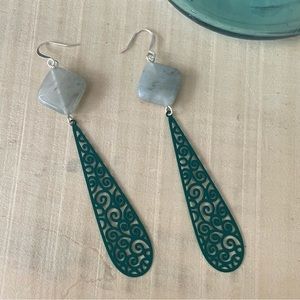 🔥HOT LOOK 🐢Long Boho Statement Earrings 4” Jasper & Green Mixed Metal Handmade